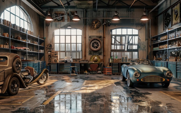 Photo a 3d rendering of a vintage car workshop with classic models tool racks and greasestained floors