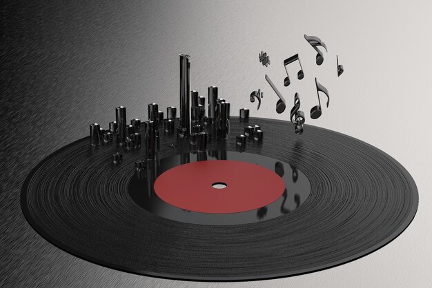 Photo 3d rendering vinyl record with music notes