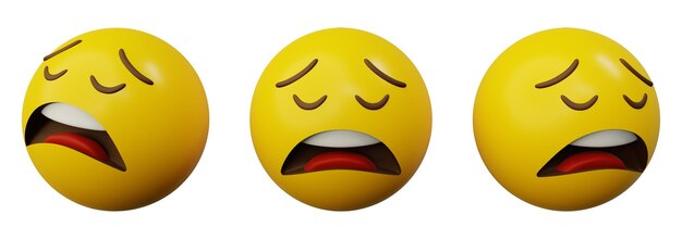 Photo 3d rendering weary or exhausted face emoji or yellow ball emoticon creative user interface design