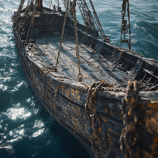 Photo 3d rendering of weathered ship in open water