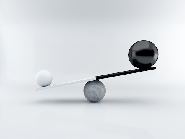 3D rendering white and black ball different size on plank Balance and minimalist concept