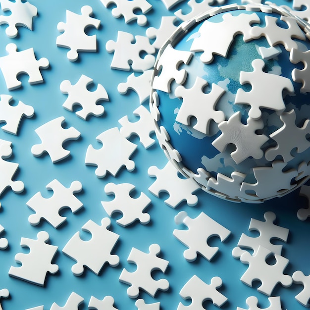 3d rendering of white and blue jigsaw puzzle pieces on blue background