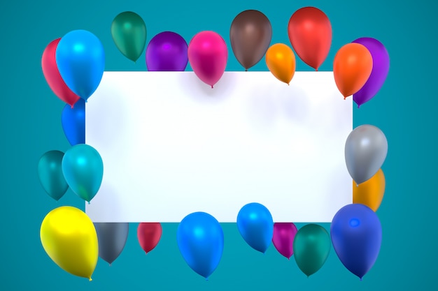 3D rendering of white card with multicolored inflatable air balloons