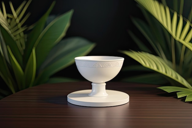 3d rendering of white ceramic vase on a wooden table green leaves podium