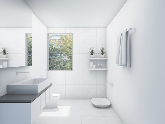 3D rendering white clean restroom with nature view