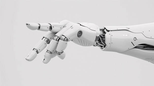 A 3D rendering of a white cyborg robotic hand pointing its finger isolated on a free PNG background