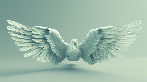 3D rendering of a white dove with outstretched wings The dove is facing away from the viewer and its wings are spread wide