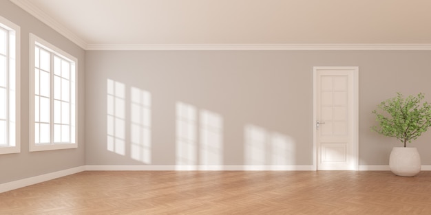 3D rendering of white empty room with wooden floor and sun light cast shadow on the wall. White door and vase of plant.