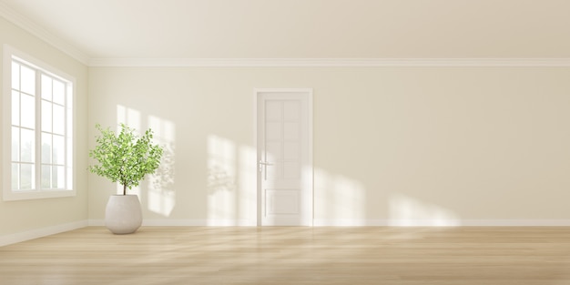 3D rendering of white empty room with wooden floor and sun light cast shadow on the wall. White door and vase of plant.