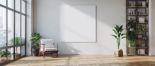 3D rendering of a white empty wall mockup in a modern living room with wooden floor