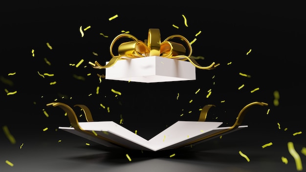 Photo 3d rendering white gift box bomb with gold ribbon