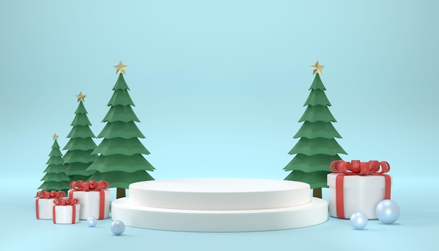 3D rendering white gift box with christmas tree on blue background