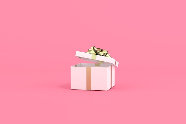 3D rendering of white gift box with golden ribbon on pink background.