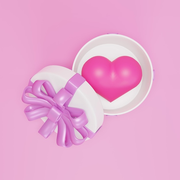 3D rendering white gift box with heart on pink background