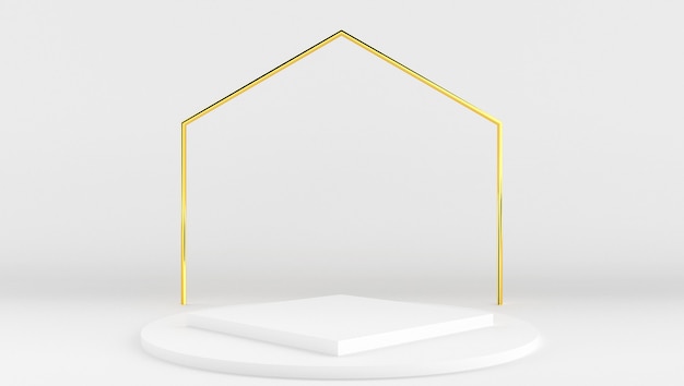 3D Rendering Of White And Gold Color With Minimal And Abstract Background. Stage Show With Shape And Geometry.