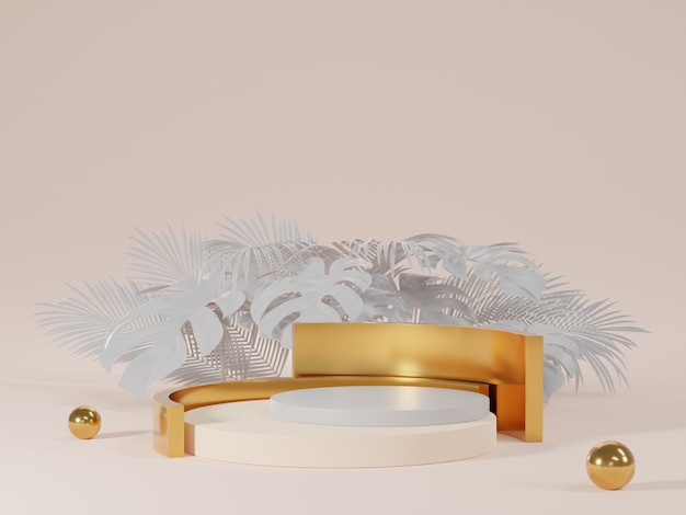 3D rendering of white and gold podium with monstera leaves