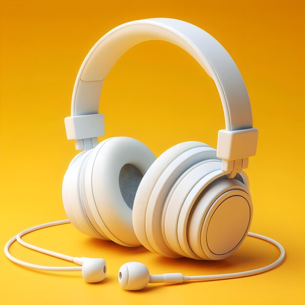 3D Rendering White headphones isolated on yellow background