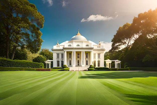 A 3d rendering of a white house with a green lawn and trees in the background.