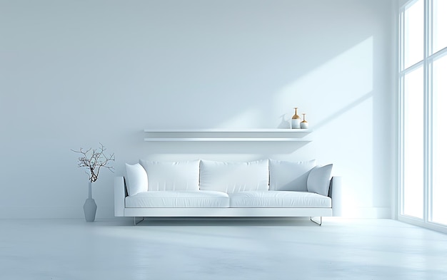 3D rendering of a white living room interior with a sofa and shelf on the wall