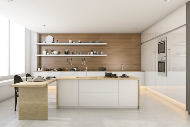 3d rendering white loft style kitchen