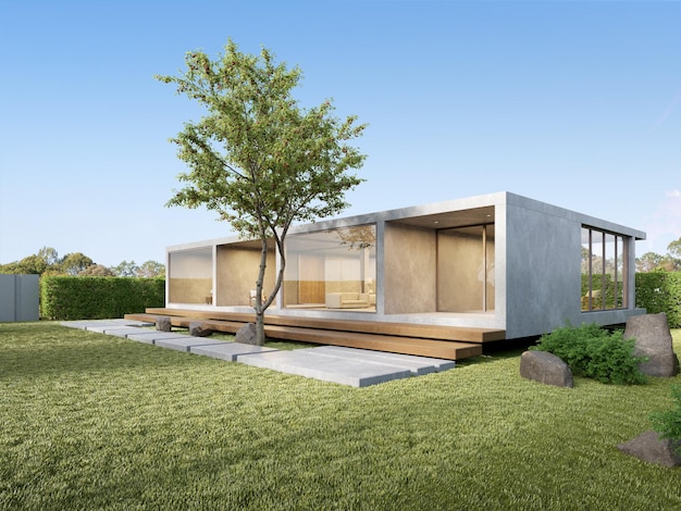 3d rendering of white luxury concrete house with lawn garden Modern architecture design