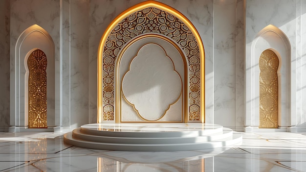 3d rendering of white marble podium with golden Arabic pattern