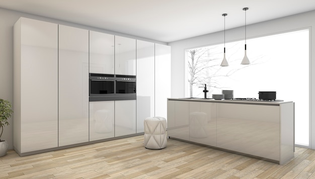 3d rendering white minimal kitchen in winter