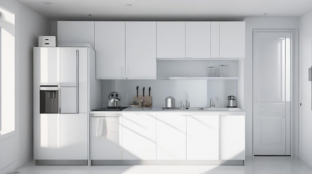 3d rendering white modern design kitchen with fridge