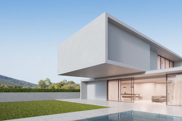 3d rendering of white modern house with marble terrace floor and swimming pool