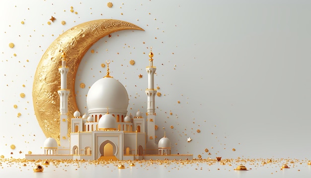 3d rendering of white mosque with gold moon on white background