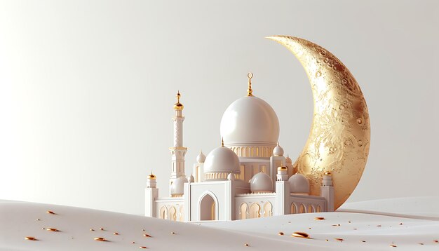 3d rendering of white mosque with gold moon and white sand desert