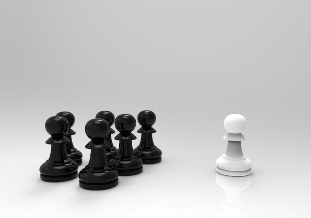 3d rendering A white Pawn chess with black pawns chesses on gray background one fight with a team concept