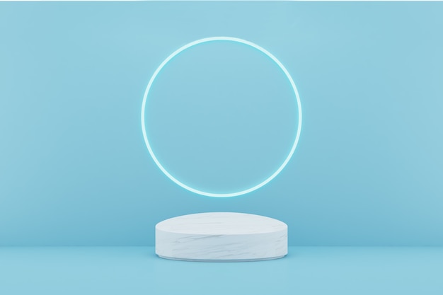 3d rendering white podium on blue background and circle light line