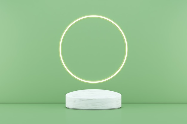 3d rendering white podium on green background and circle light line