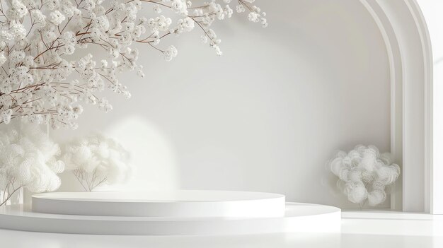 3D rendering of a white podium with a white background The podium is surrounded by archway flowers