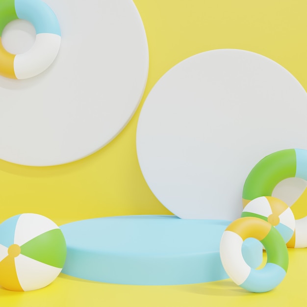 3d rendering white poidum with pastel inflatables on yellow background