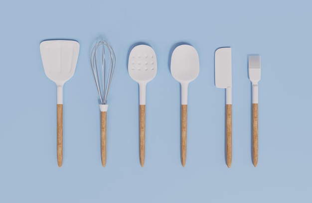 3D Rendering White Spatula Set on Blue Background Set of Turner