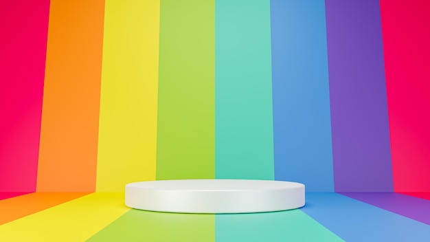 3D rendering white stage on rainbow color background