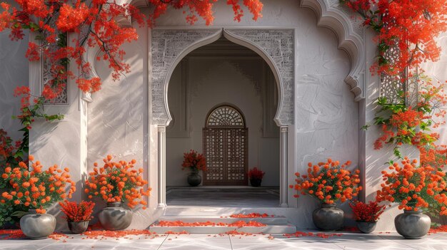 3d rendering of a white wall with arches and red flowers