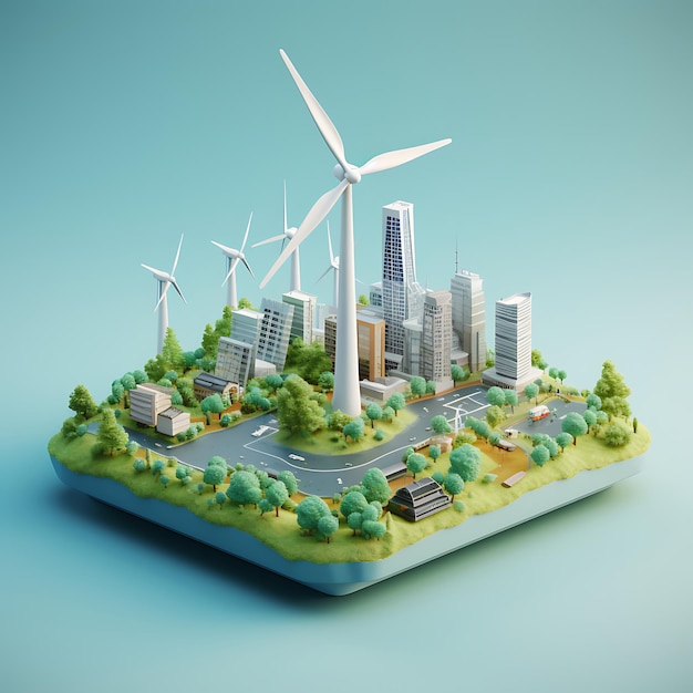 3d rendering of wind turbine city isometric miniature