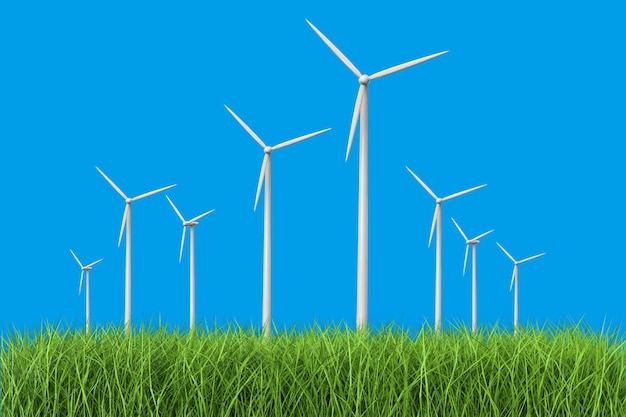 3d rendering wind turbines in grass field