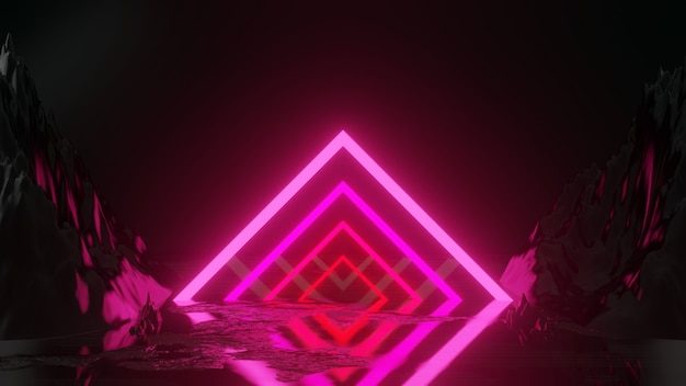 3d rendering with neon lights square shape on stone