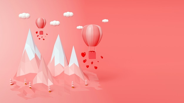 3d rendering with polygon mountains and balloons pink color abstract background valentines day concept