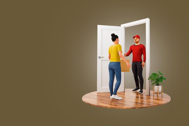 3D Rendering Woman Receiving Paper bag from deliveryman at the door on Podium Front View