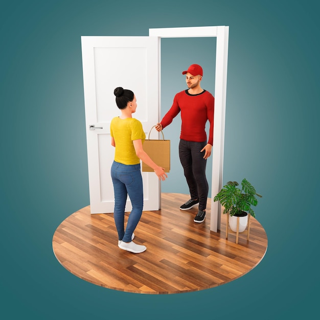 3D Rendering Woman Receiving Paper bag from deliveryman at the door on Podium Top View