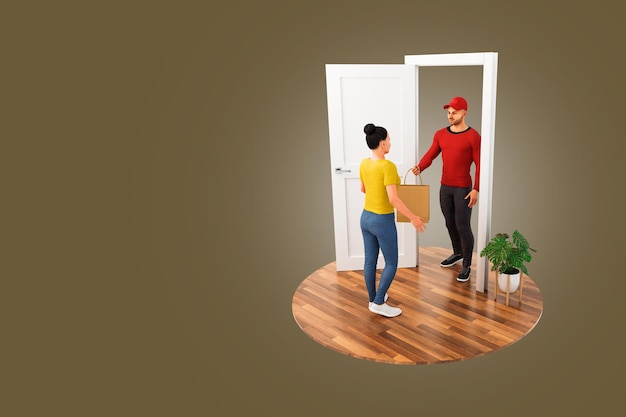 3D Rendering Woman Receiving Paper bag from deliveryman at the door on Podium Top View