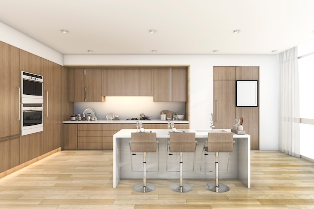 3d rendering wood bar kitchen near window