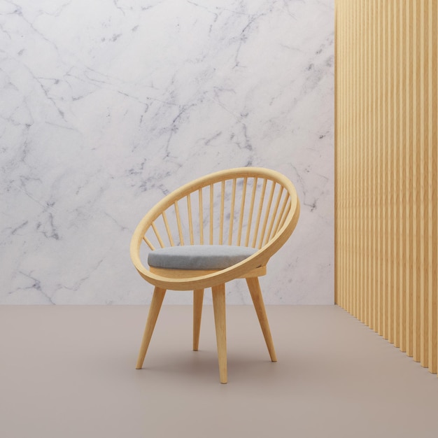 3D rendering wood chair on white marble background