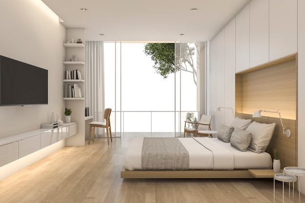 3d rendering wood minimal style bedroom with view from window