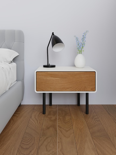 3D Rendering Wood Side Table In Bedroom Close up Wood Side Tabl